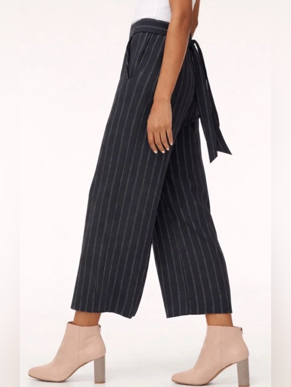 Aritzia Wilfred Faun Pant Sz S Blue Pinstripe Cropped Wide Leg Tie Waist
